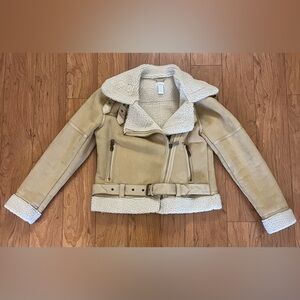 West of Melrose Extra Small Tan Shearling Jacket with Belt Faux Suede Zipper XS